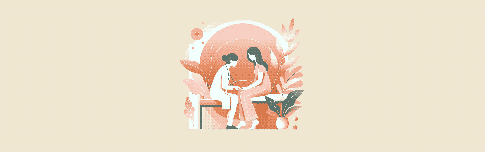 Illustration of a healthcare professional sitting beside a woman, offering support. The scene features a warm, calming background with floral elements, representing compassionate care at the London Pregnancy Clinic.