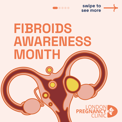 Fibroids Awareness Month - Illustration of fibroids in the uterus with London Pregnancy Clinic logo