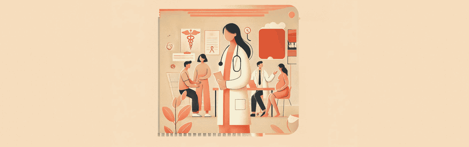 Minimalist illustration of a Spital Clinic GP interacting with patients, including a pregnant woman, in a supportive environment. The design uses light orange and baby pink tones, representing the partnership with London Pregnancy Clinic, and emphasises holistic care and reassurance.